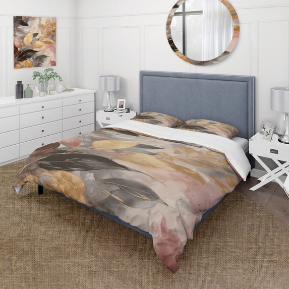 Designart "Herbal Elixir in Gold IX" Floral Herbs Bedding Covert Set - Herbs Gold Floral Bed Set With 2 Shams