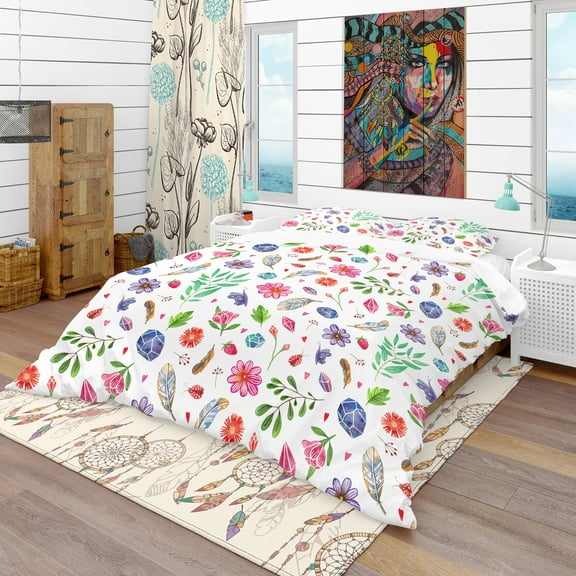 Designart 'Herbal, Gemstones, Flowers, Insects & Feathers' Bohemian & Eclectic Duvet Cover Set