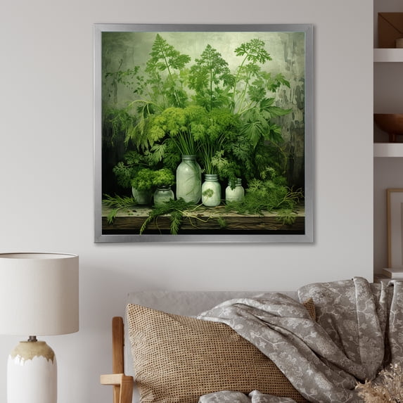 Designart "Herbal Pottery Delights IV" Floral Framed Wall Art Decor - Traditional Green Herbs Living Room Framed Canvas Art
