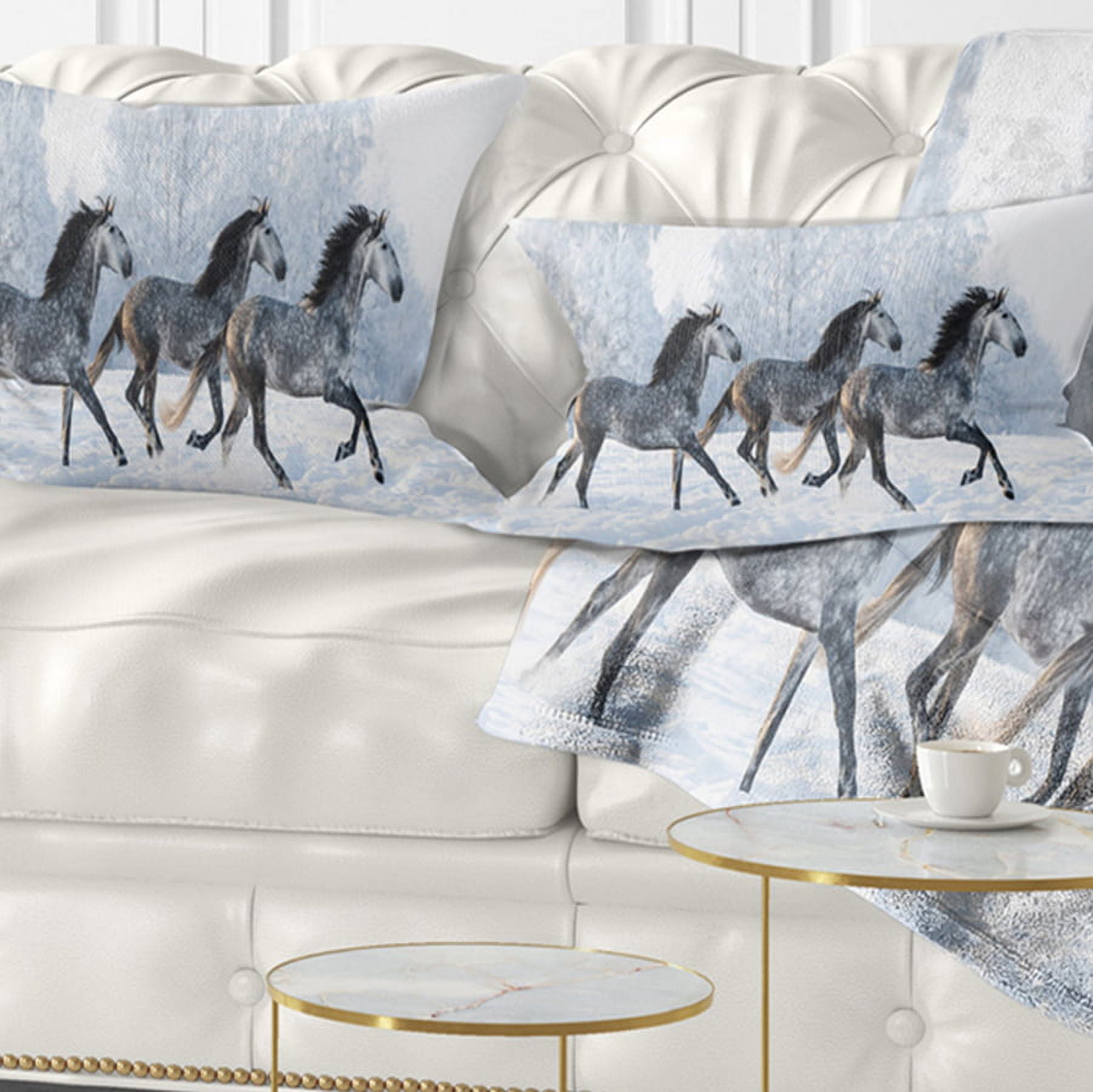 Designart Herd of Horses Run Across Snow - Landscape Printed Throw Pillow - 12x20