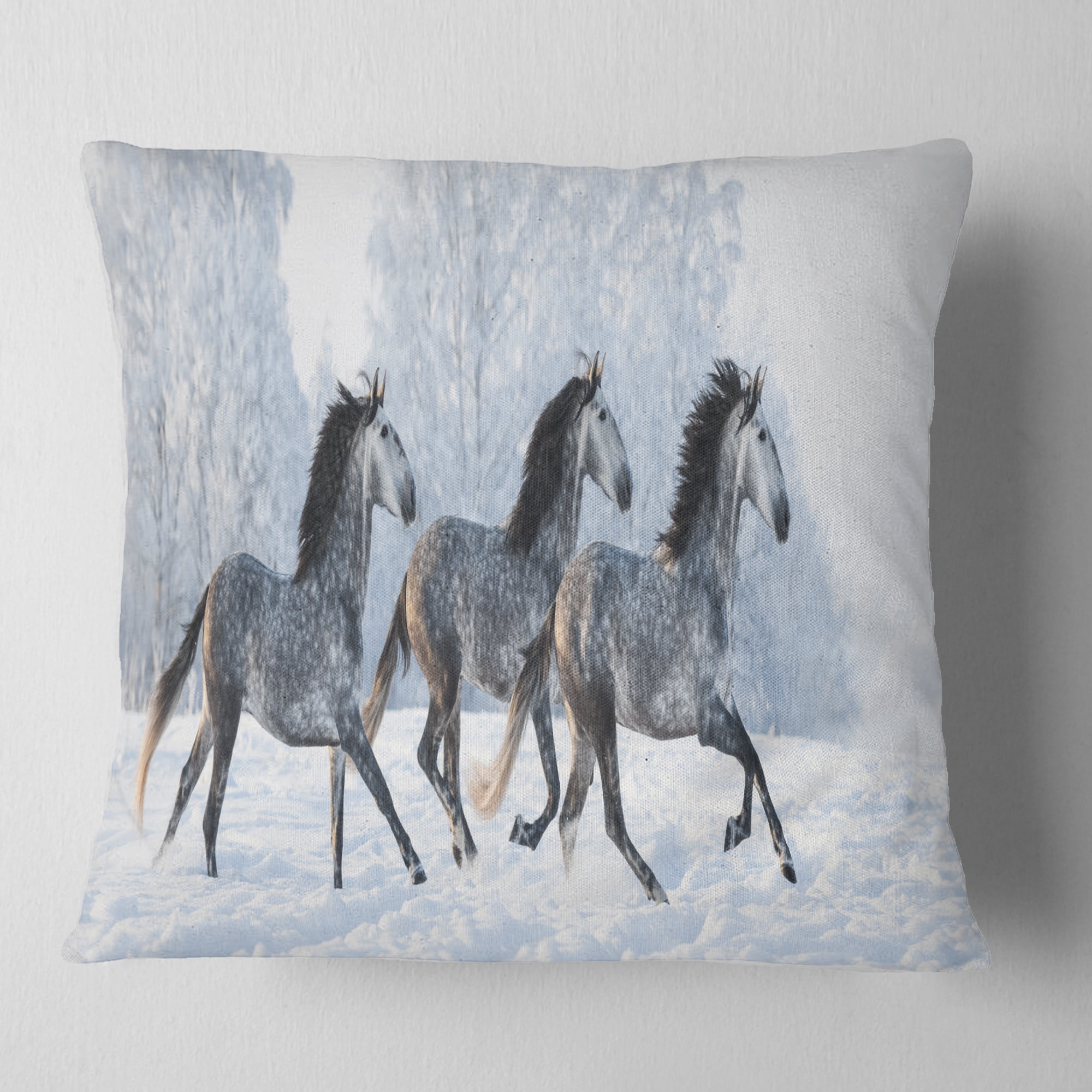 Designart Herd of Horses Run Across Snow - Landscape Printed Throw Pillow - 16x16
