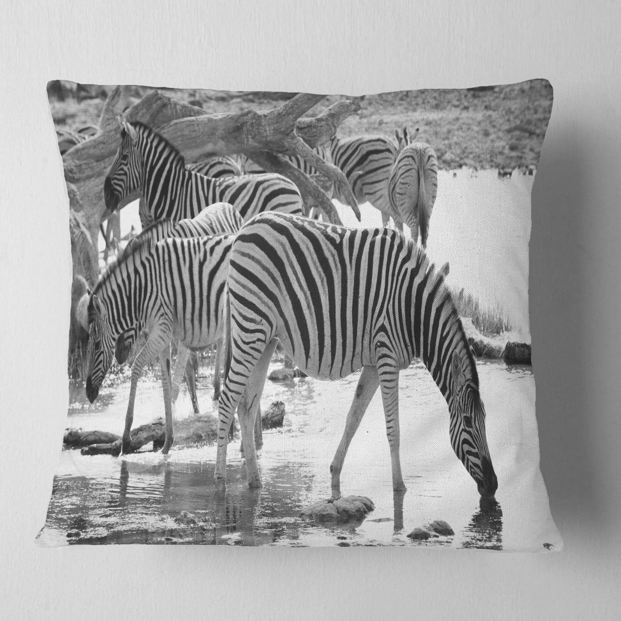 Designart Herd of Zebra Black and White - African Throw Pillow - 16x16