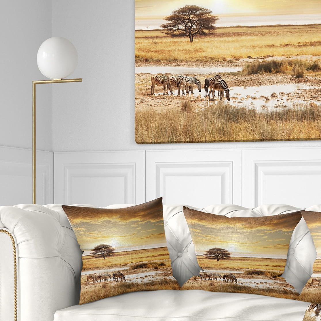 Designart Herd of Zebras Drinking Water - African Landscape Printed Throw Pillow - 16x16