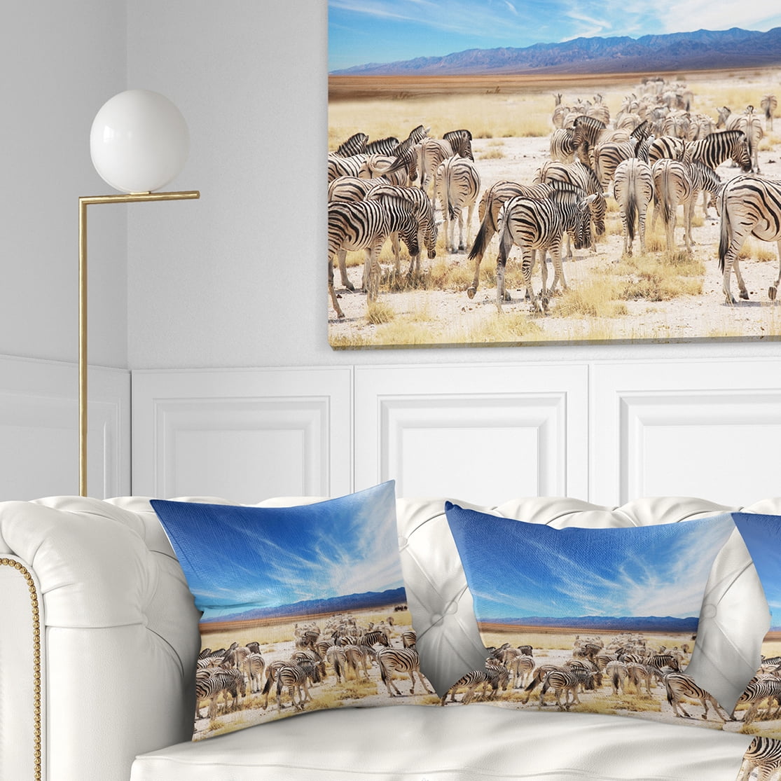 Designart Herd of Zebras under Blue Sky - African Throw Pillow - 18x18