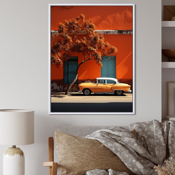 Designart "Heritage Of Cuban Cars In Orange" Cuba Floater Framed Canvas Wall Art