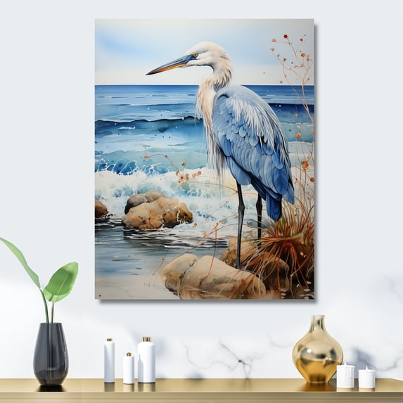 Designart "Heron Morning Stroll Painting I" Animals Heron Metal Art Living Room