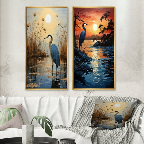Designart "Heron Morning Stroll Painting III" Heron Framed Wall Art Set Of 2 - Yellow Animals Gallery Wall Frame Set For Home Decor