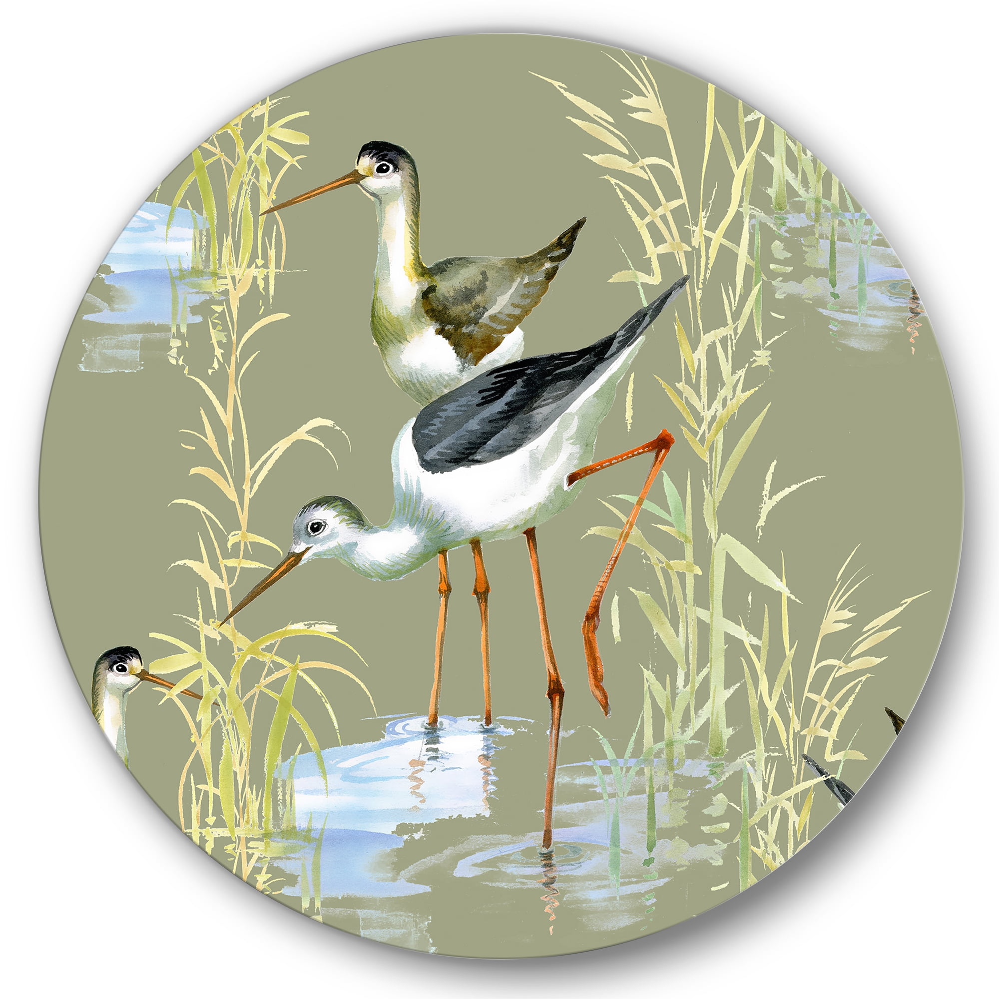 Designart 'Herons Birds In The Gray Water' Farmhouse Circle Metal Wall Art 36x36 - Disc of 36