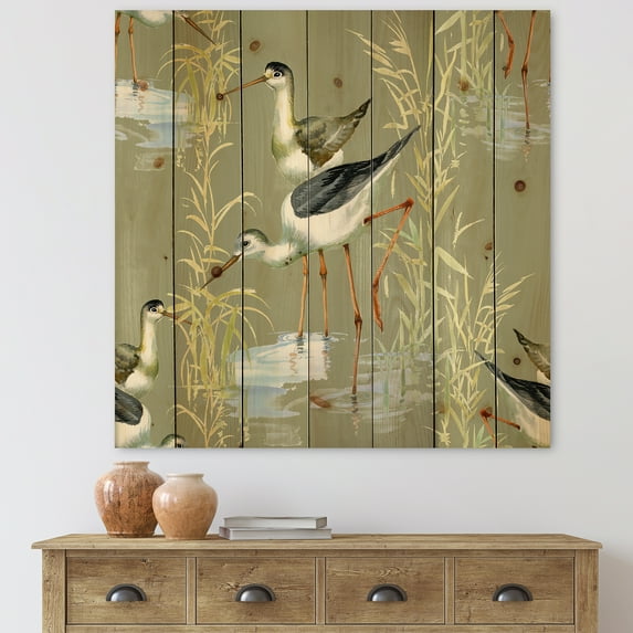 Designart 'Herons Birds In The Gray Water' Farmhouse Print on Natural Pine Wood
