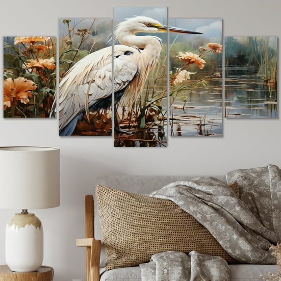 Designart "Herons Haven White Peach Heron" Animals Metal Art Print Set