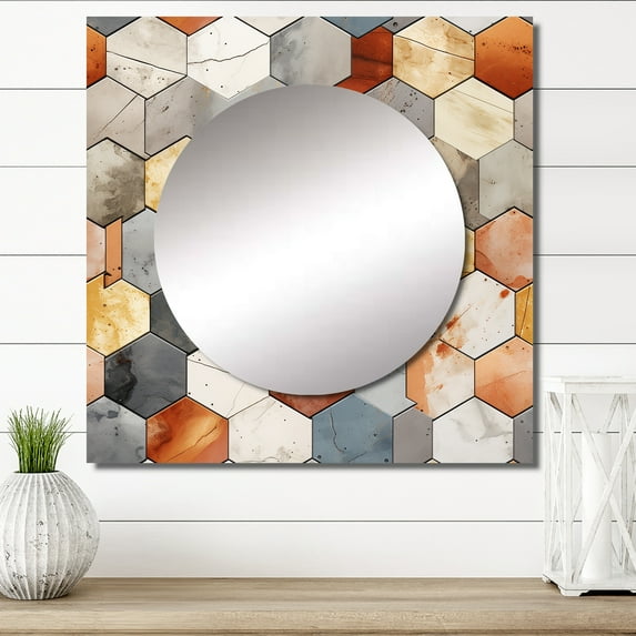 Designart "Hexagon Rustic Mosaic" 0 Square Mirror Wall Decor Modern - Large Brown Square Bathroom Mirror - Square Printed Wall Mirror Art