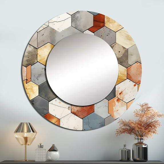 Designart "Hexagon Rustic Mosaic" Geometric Rund Mirror For Wall Decor - Large Brown Round Print Mirror - Round Modern Mirror - Wall Mounted Round Large Mirror - 36" x 36"