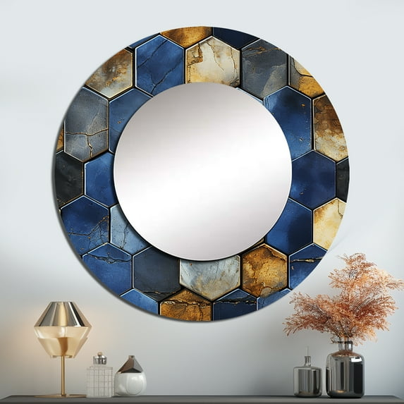 Designart "Hexagonal Symmetry In Grey And Blue" Geometric Round Mirror Wall Decor Modern - Large Blue Round Bathroom Mirror - Round Mirror - 29" x 29"