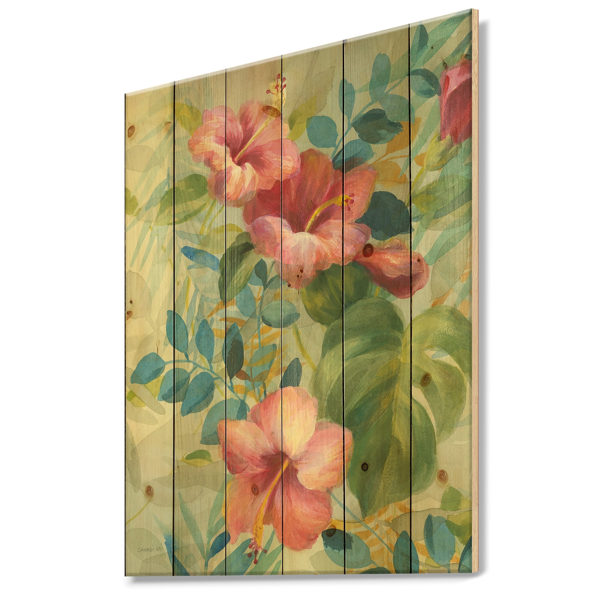 Designart 'Hibiscus Floral Garden II' Traditional Print on Natural Pine Wood