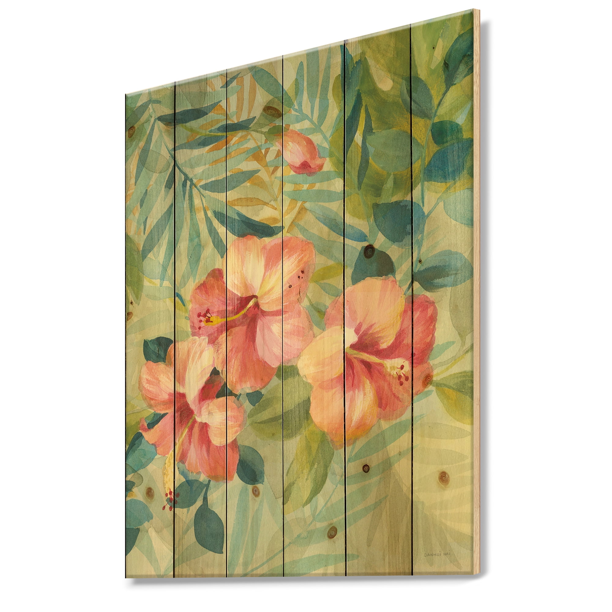 Designart 'Hibiscus Floral Garden III' Traditional Print on Natural Pine Wood