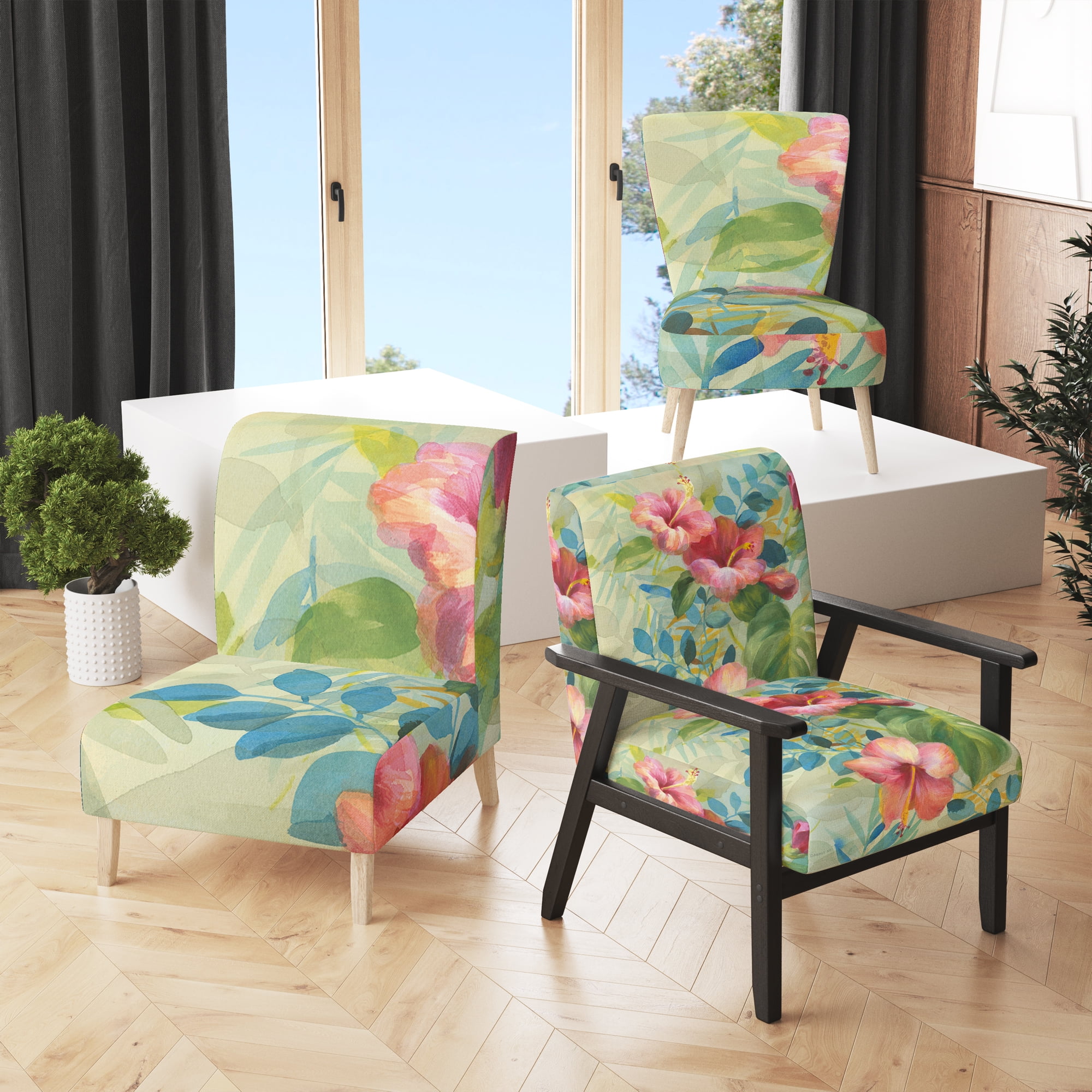 Black Floral Slipper Accent Chair with Hardwood Frame