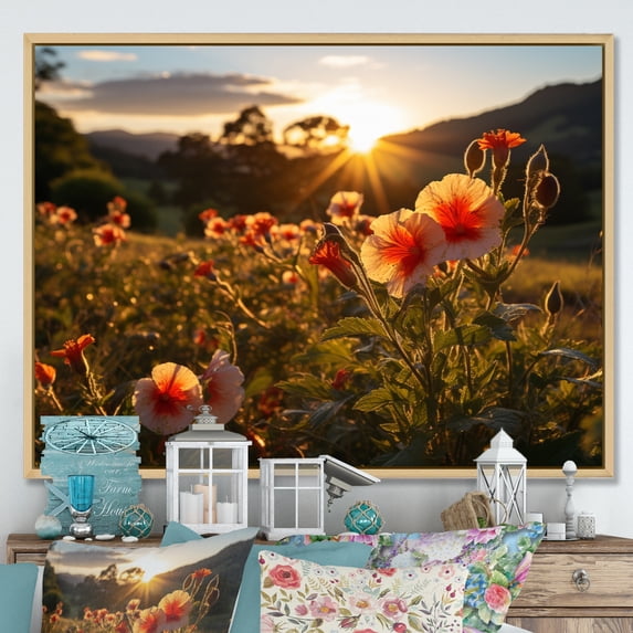 Designart "Hibiscus landscape With Sunset I" Floral Floater Framed Wall Decor