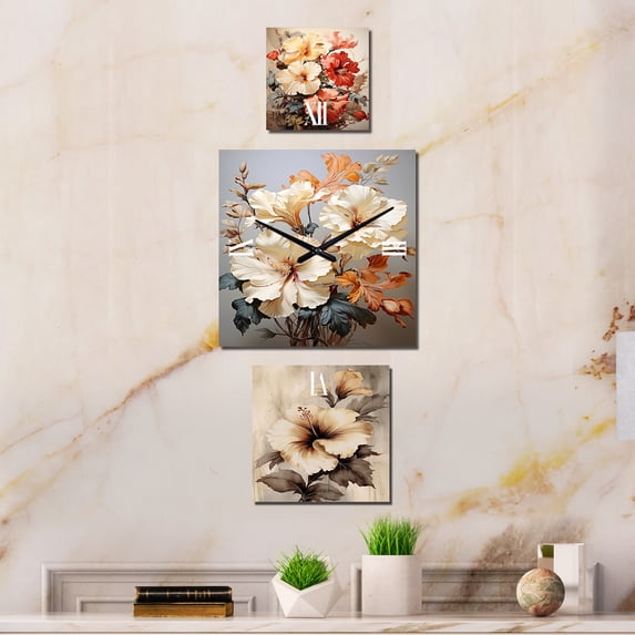 Designart "Hibiscus with a Vintage Charm" Hibiscus Oversized Traditional Clock - Set Of 3 - Extra large Clock For Office Décor - Large Vertical Clock