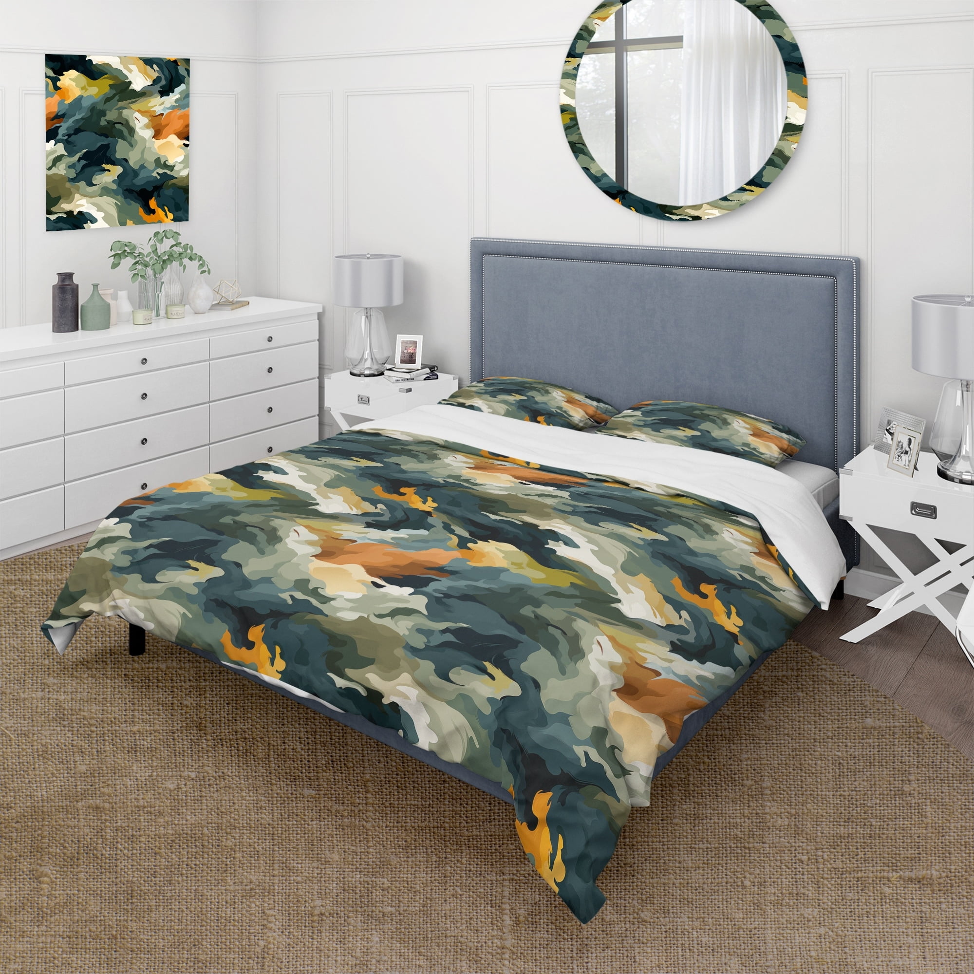 Queen Green Camouflage Microfiber Duvet Cover Set
