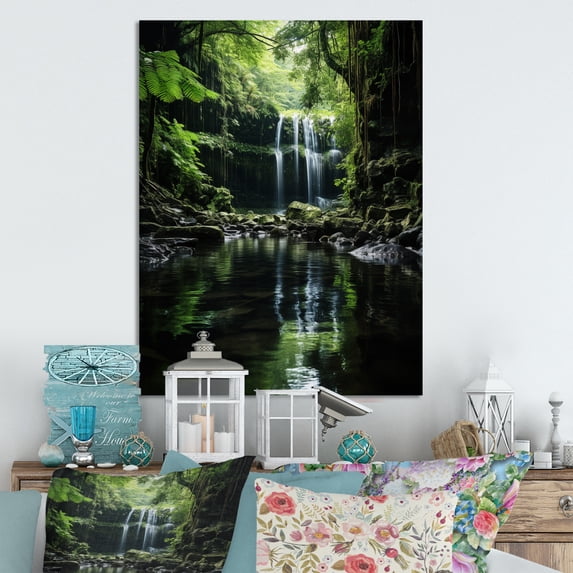 Designart "Hidden Oasis in the Forest by the Waterfall I" Landscapes Metal Wall Decor