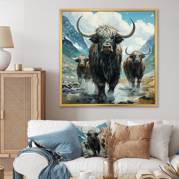 Designart "Highland Brown Yaks in Mountain Charm II" Animals Framed Wall Art - Brown Yaks Living Room Framed Canvas Art