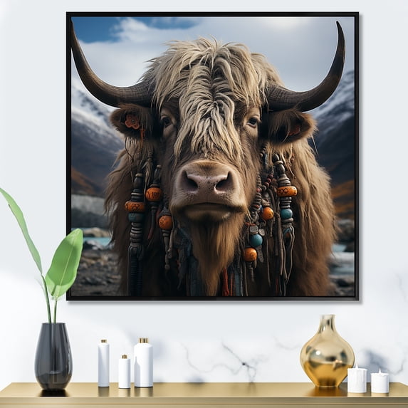 Designart "Highland Brown Yaks in Mountain Charm IV" Animals Framed Wall Art - Brown Yaks Entryway Framed Wall Art Print