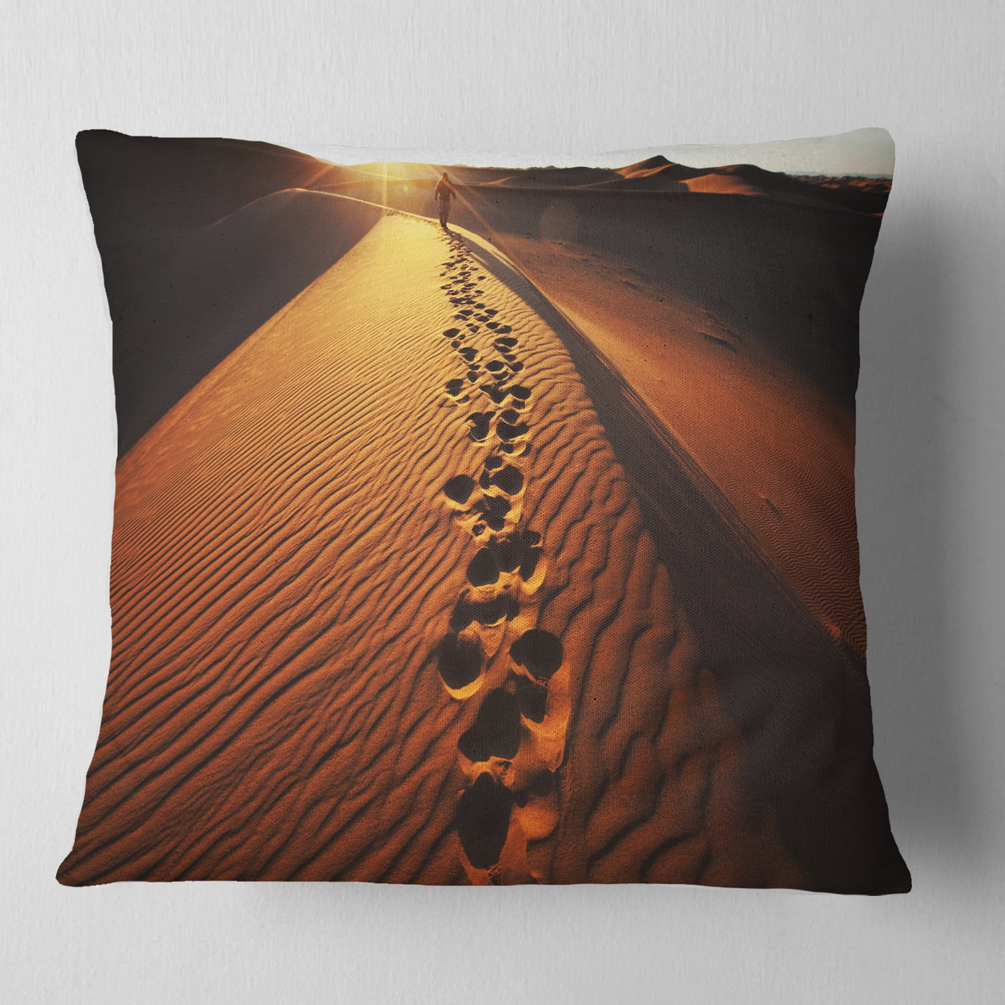 Designart Hikers Footprints in Namib Desert - Landscape Printed Throw Pillow - 18x18