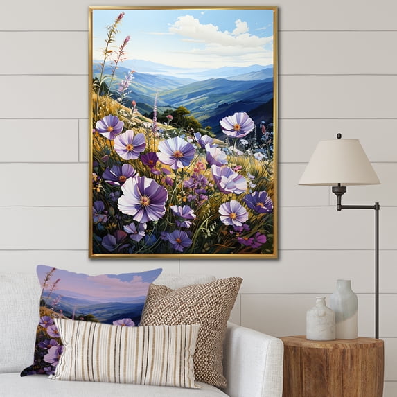 Designart "Hillside Abloom With Purple Morning Glories" Flowers Floater Framed Wall Decor