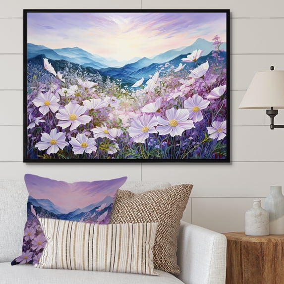 Designart "Hillside Abloom With Purple Morning Glories III" Flowers Floater Framed Wall Art Living Room