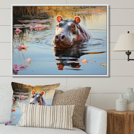 Designart "Hippo Pastoral Hippopotamus Mighty wall decor" Animals Floater Framed Wall Decor
