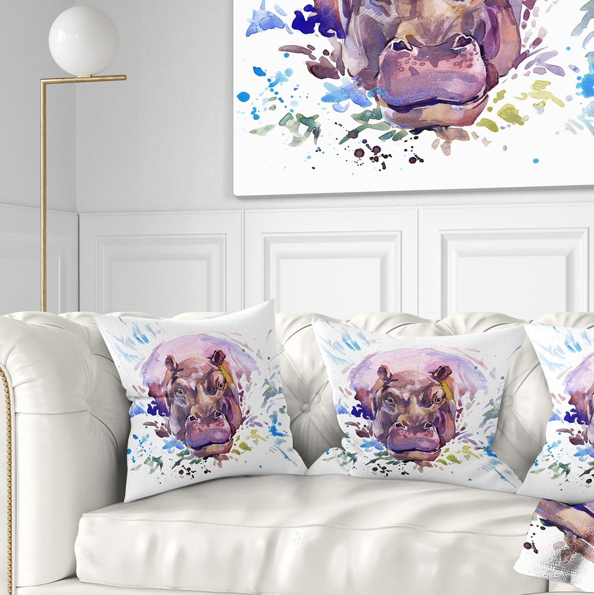 Designart Hippopotamus Watercolor - Animal Throw Pillow - 18x18