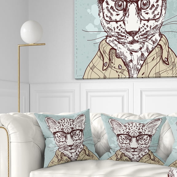 Designart Hipster Leopard with Glasses - Animal Throw Pillow - 16x16