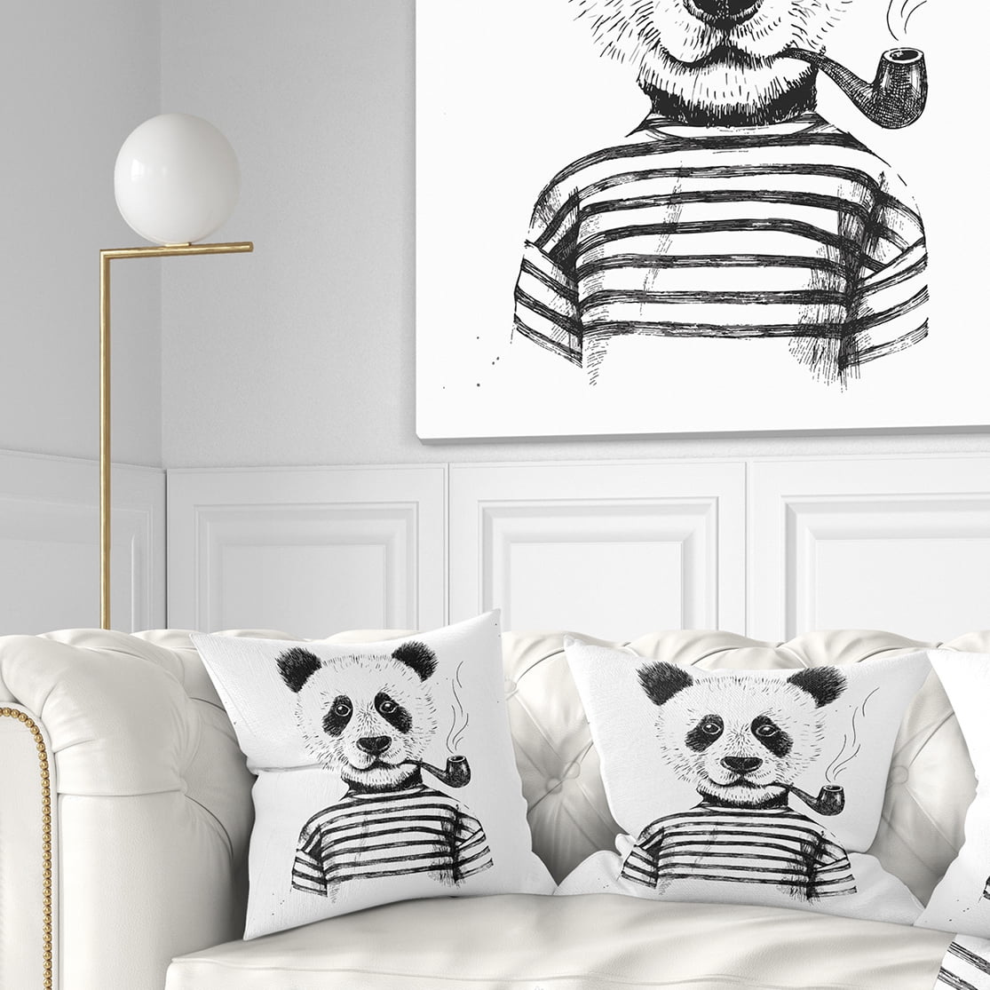 Designart Hipster Pandas Black and White - Animal Throw Pillow - 18x18