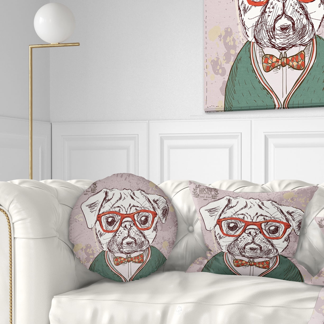 Designart Hipster Pug Dog in Vintage Style - Animal Throw Pillow - 12x20