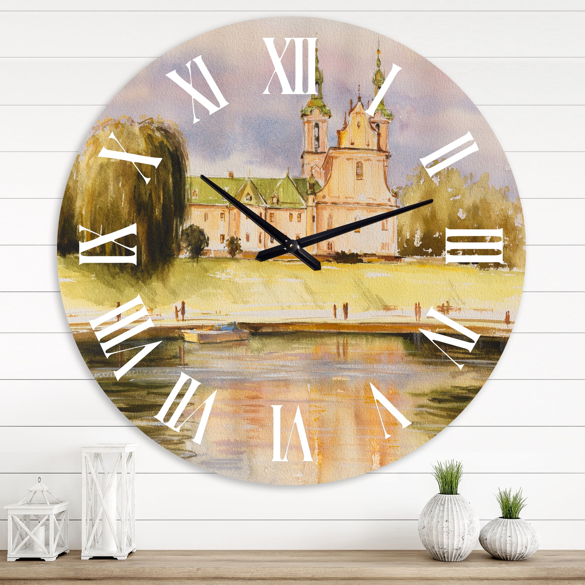 Designart 'Historic Church On The Rock On Banks Of The River' Lake House Wall Clock