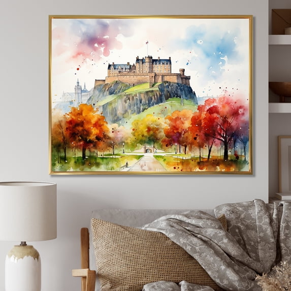 Designart "Historic English Fortress A Medieval Wonder I" Architecture Framed Wall Art - Traditional Orange Castles Hallway Framed Wall Art Decor