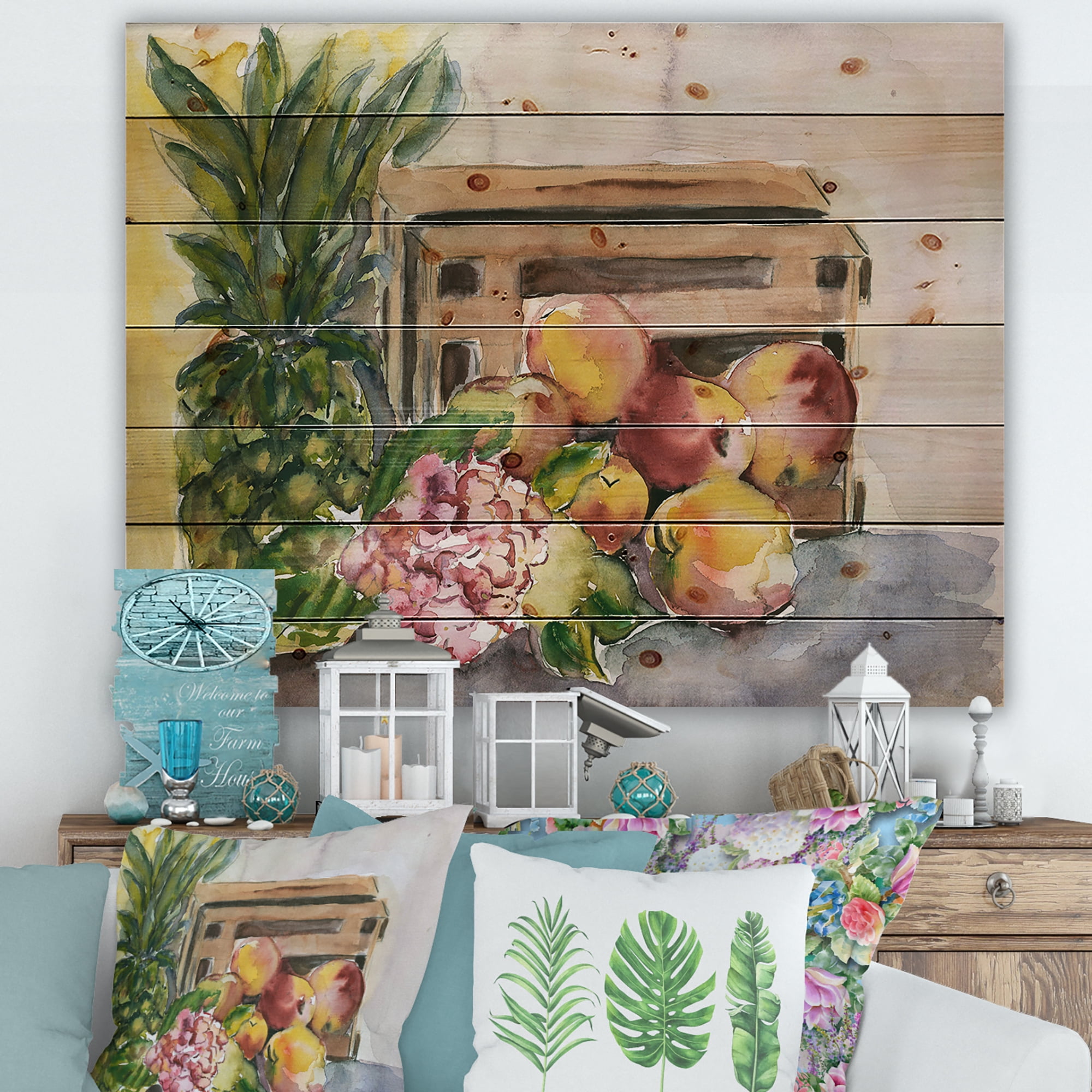 Designart 'Historic Fruits V' Farmhouse Print on Natural Pine Wood