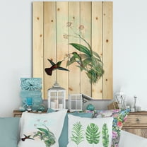 Designart 'Historic Hummingbird Flying To A Flower' Traditional Print on Natural Pine Wood