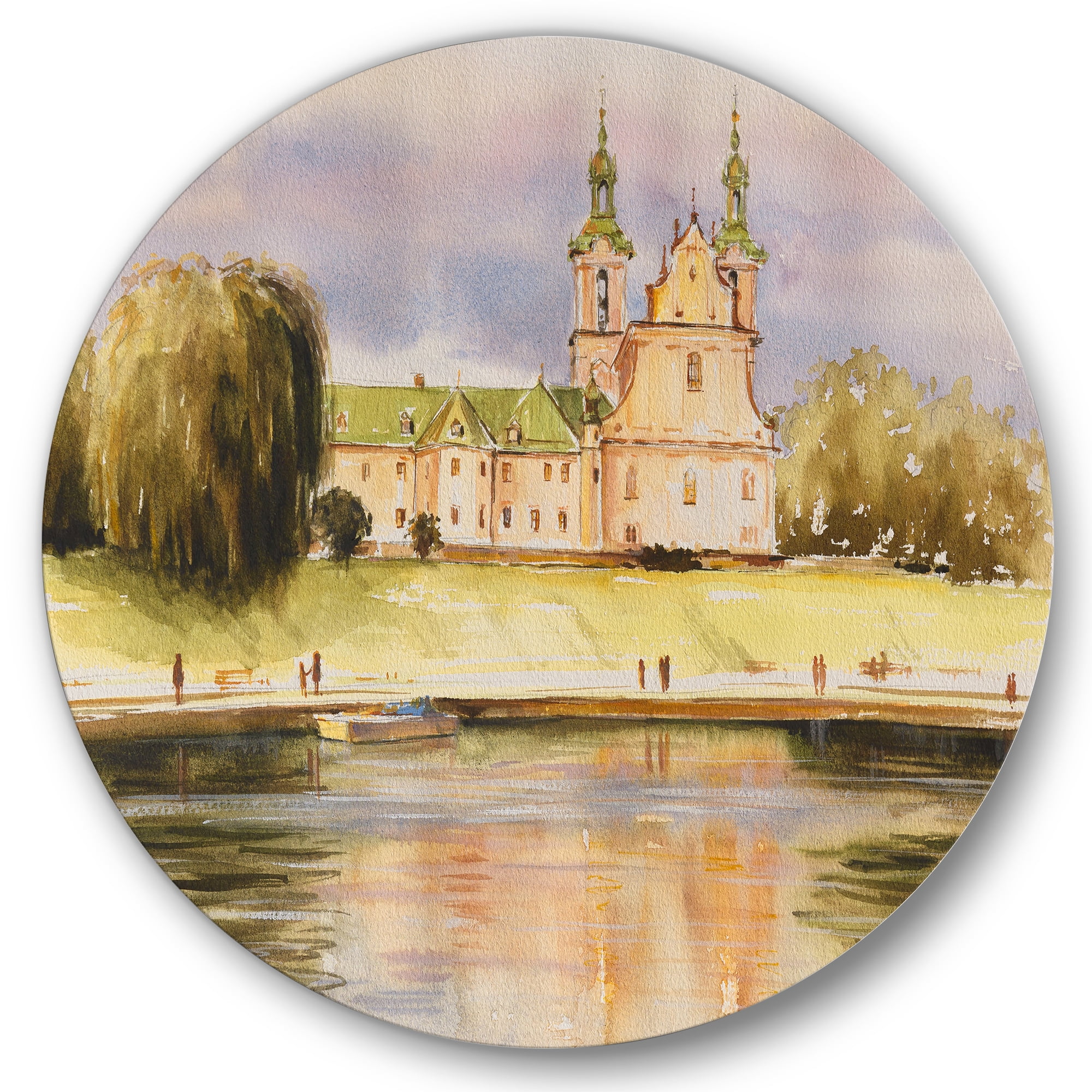 Designart 'Historical Church On The Rock On Banks of The River' Lake House Circle Metal Wall Art 29x29 - Disc of 29