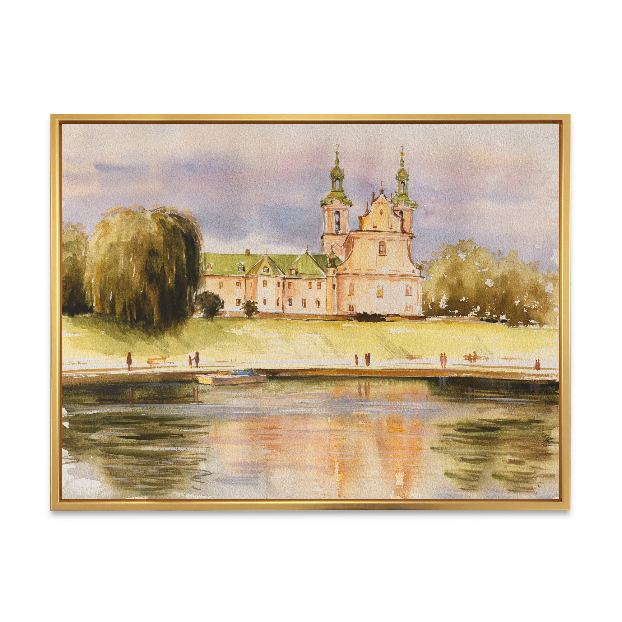 Designart 'Historical Church On The Rock On Banks of The River' Lake House Framed Canvas Wall Art Print
