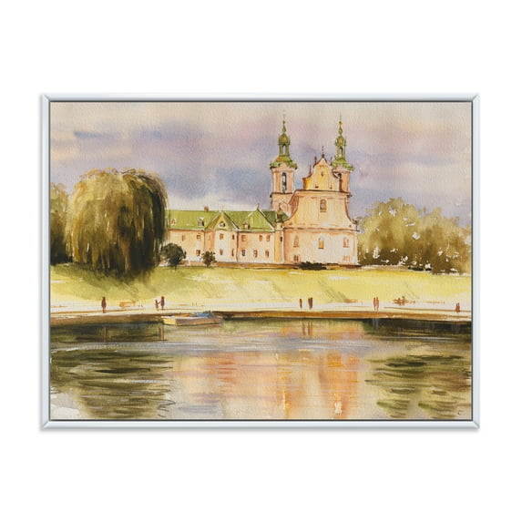 Designart 'Historical Church On The Rock On Banks of The River' Lake House Framed Canvas Wall Art Print