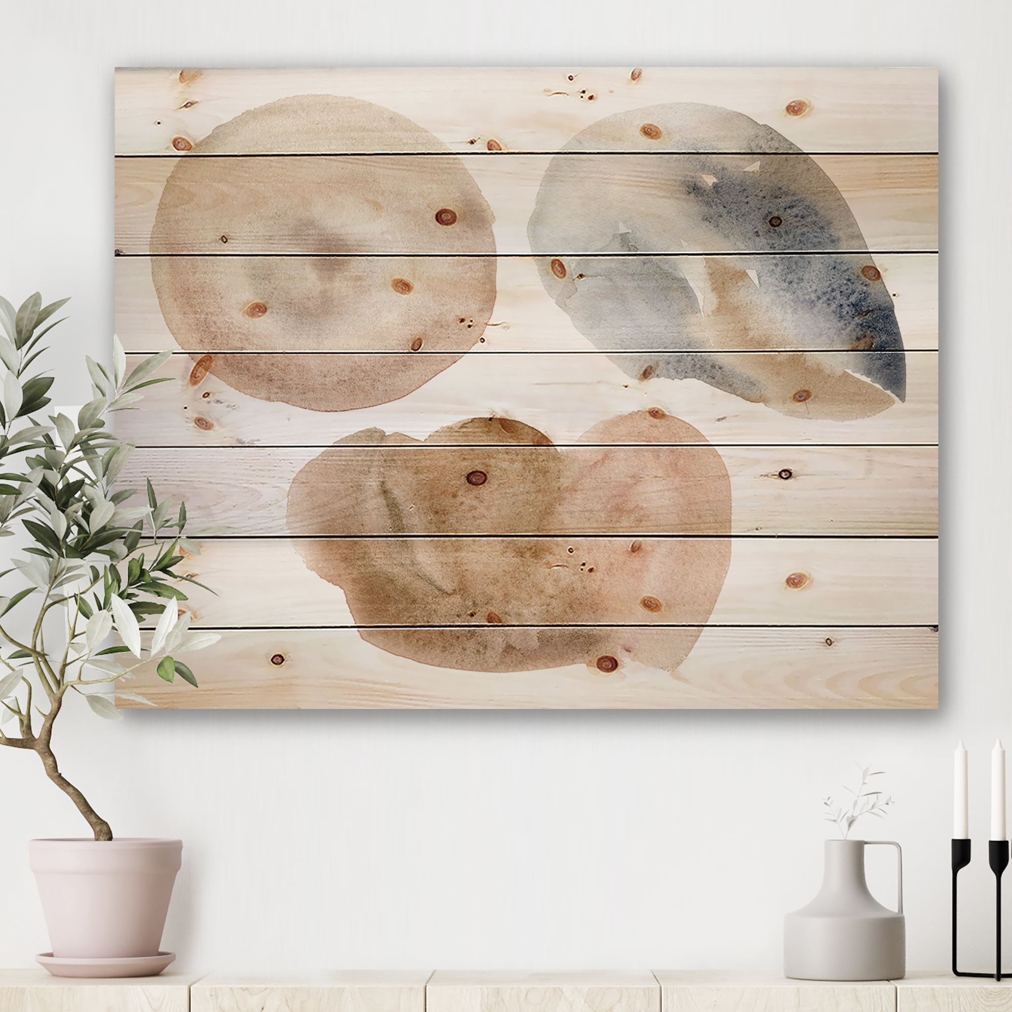 Designart 'Holiday Set With Abstract Beige and Blue Circle Spot' Modern Print on Natural Pine Wood