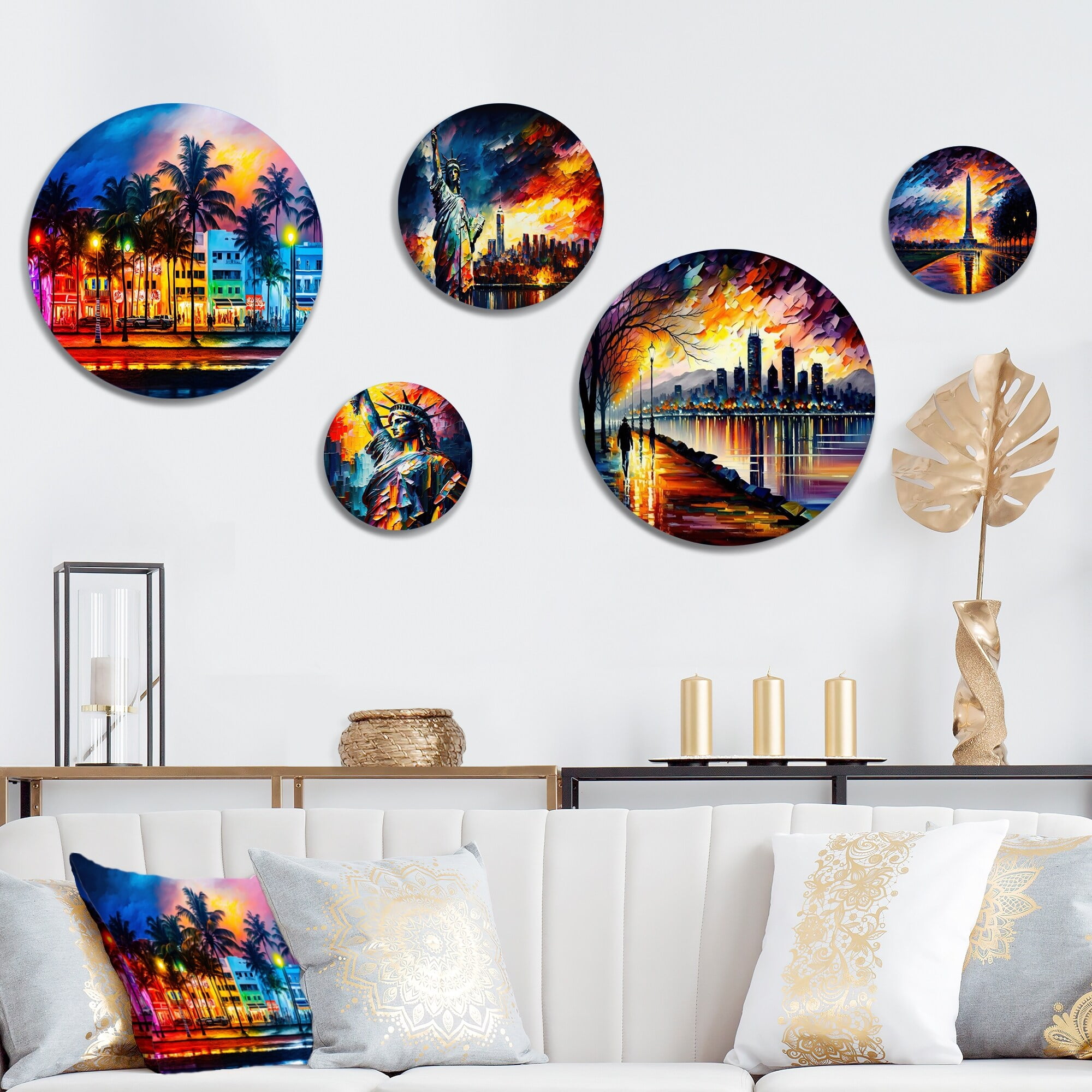 Vibrant Miami Beach Cityscape Metal Wall Art Set in Glossy Finish