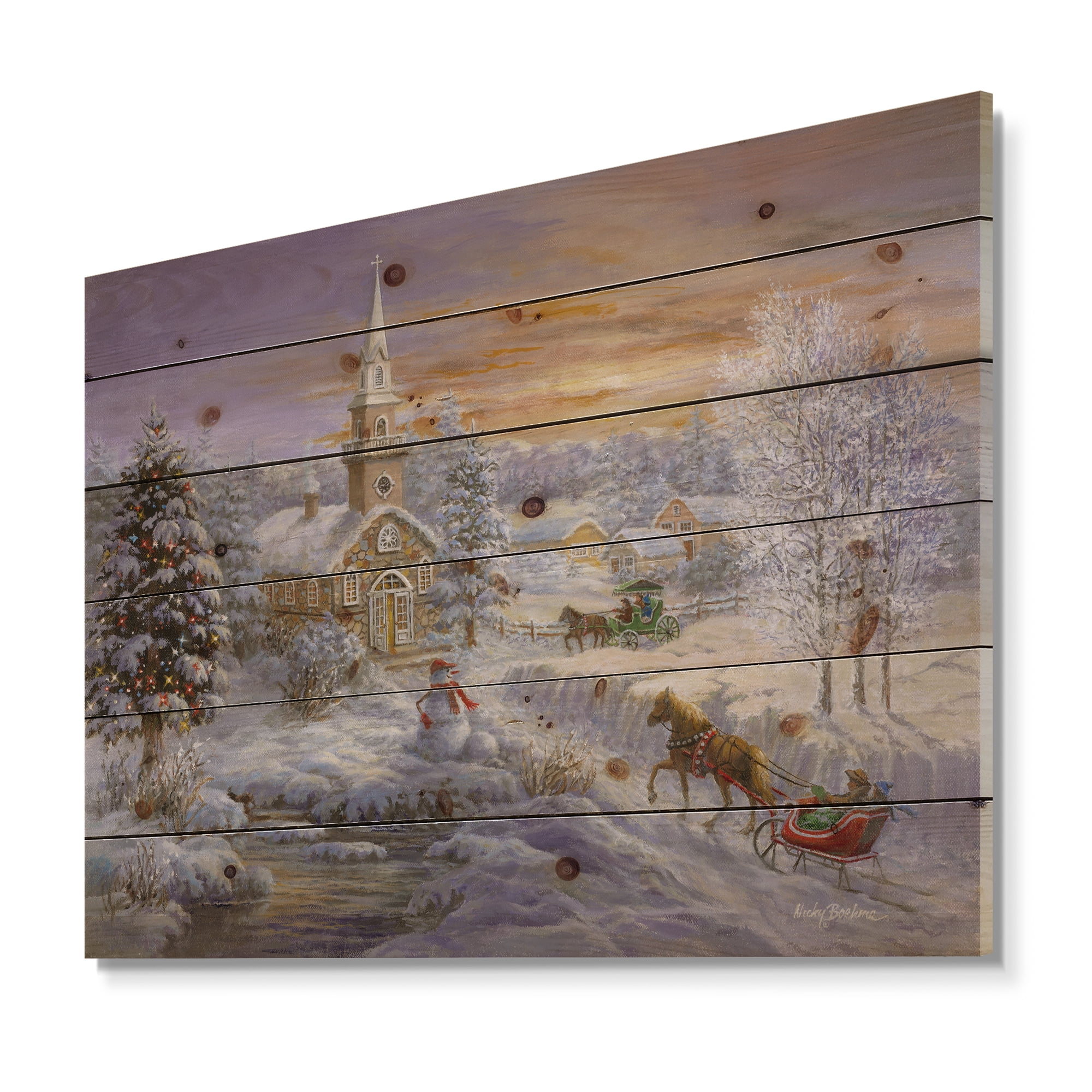 Designart 'Holiday Worship winter scene with sleigh and church' Print on Natural Pine Wood