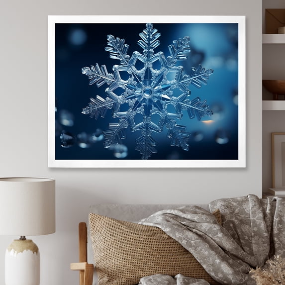 Designart "Holiday with Blue Snowflakes I" Landscapes Framed Wall Art Decor - Traditional Blue Winter Landscape Entryway Framed Wall Art Print