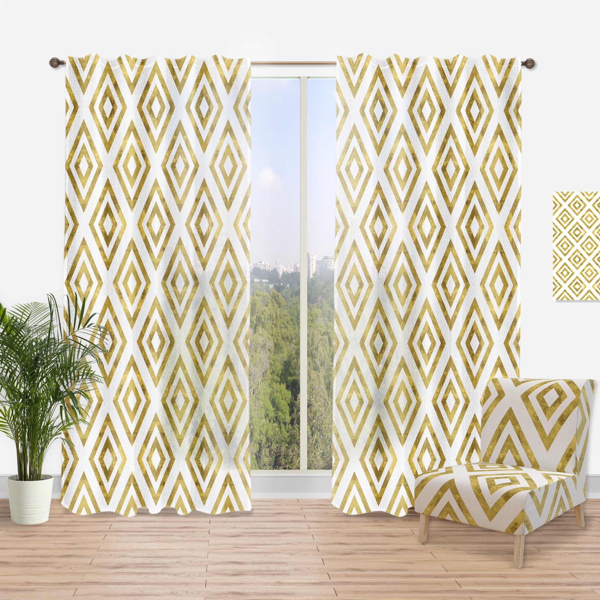 Designart 'Honeycomb Capital Gold I' Modern & Contemporary Yellow & Gold Sheer Curtain Panel