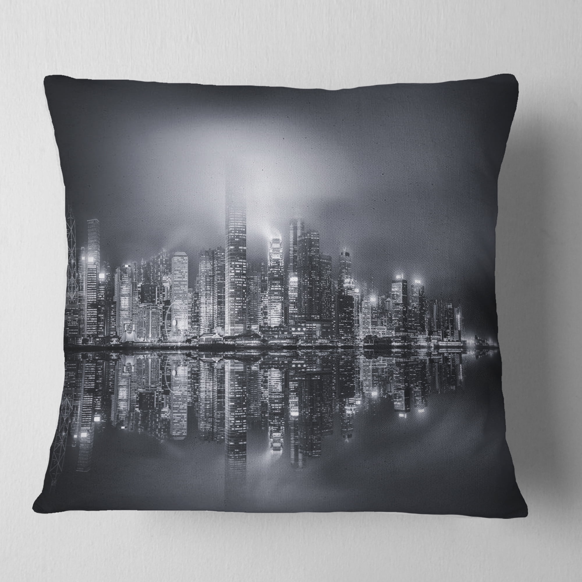 Designart Hong Kong Black and White Panorama - Cityscape Throw Pillow - 16x16