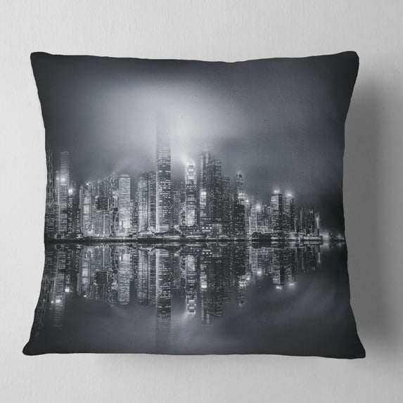 Designart Hong Kong Black and White Panorama - Cityscape Throw Pillow - 16x16
