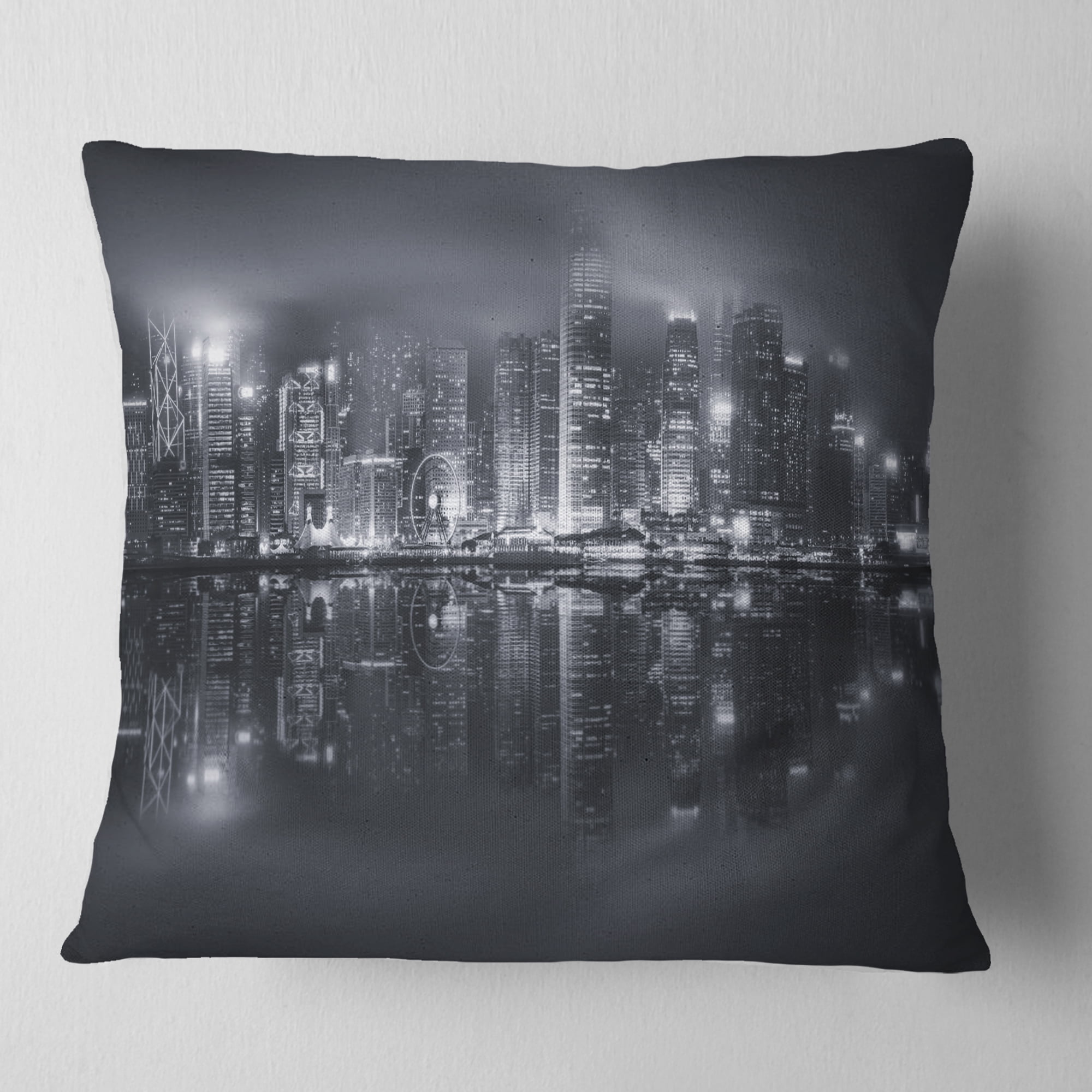 Designart Hong Kong Black and White Skyline - Cityscape Throw Pillow - 18x18