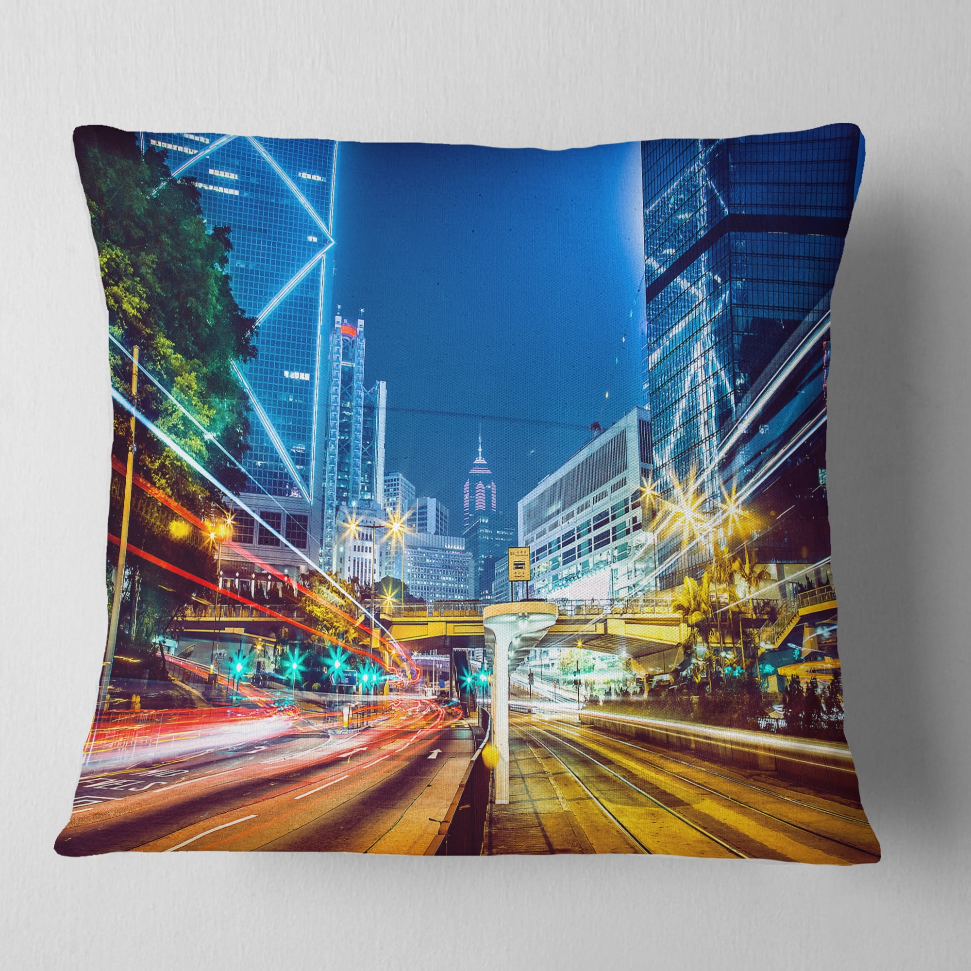 Designart Hong Kong City Night Scene - Cityscape Art Throw Pillow - 16x16